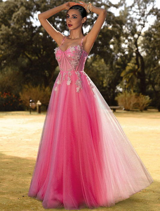 A-Line Corsets Puffy Prom Birthday Dress Sweetheart Neckline Sleeveless Floor Length Tulle with Appliques Pure Color