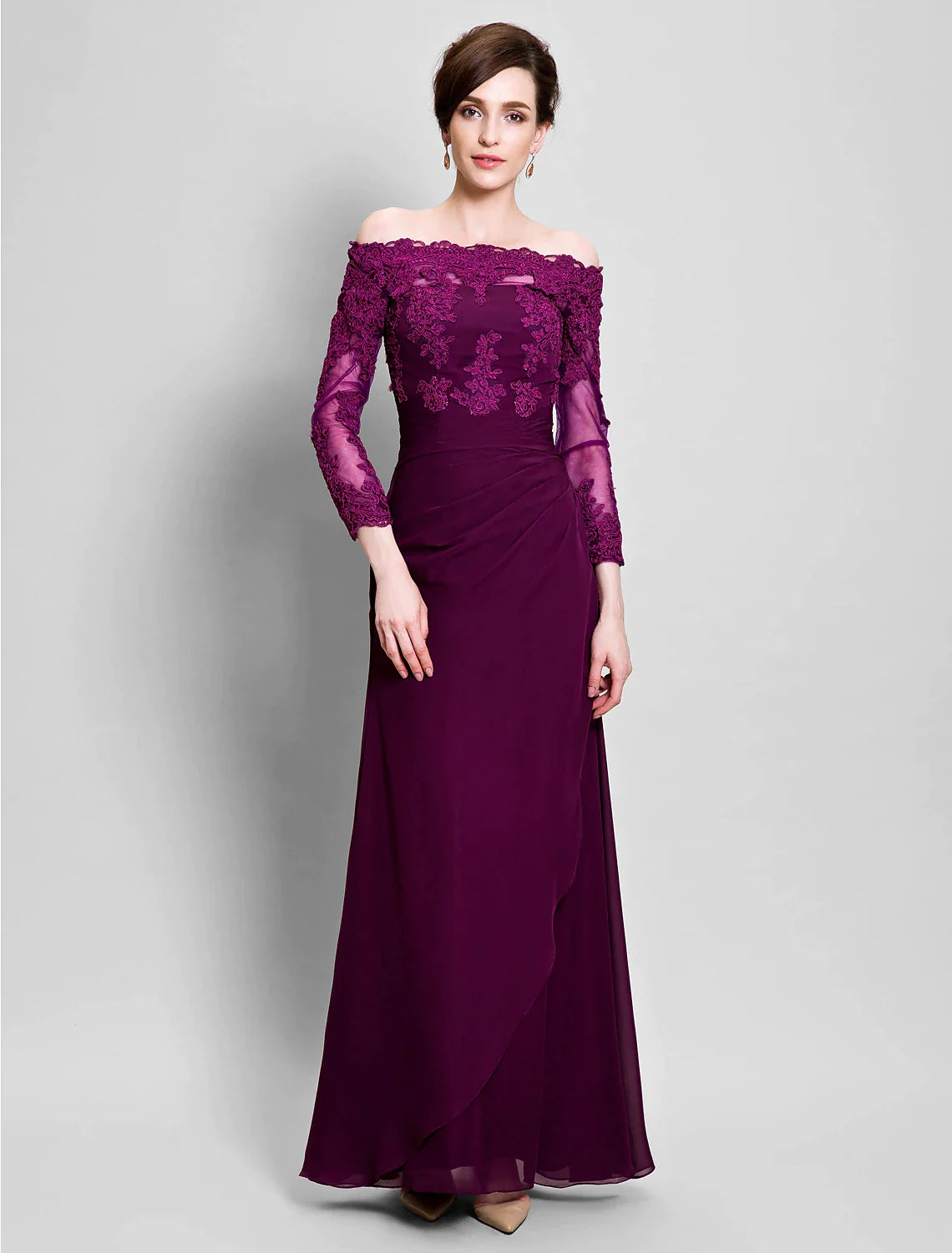 Sheath / Column Mother of the Bride Dress Off Shoulder Floor Length Chiffon Tulle No with Ruched Appliques Side Draping