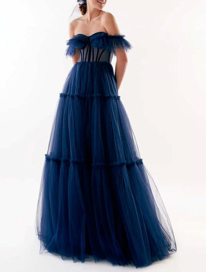 A-Line Prom Dresses Elegant Dress Wedding Guest Floor Length Short Sleeve Off Shoulder Tulle with Pleats Ruffles