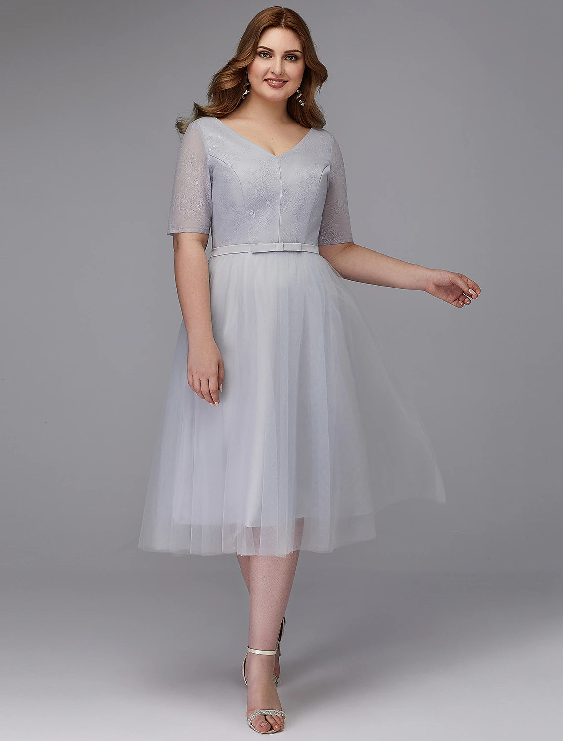 A-Line Elegant Dress Wedding Guest Tea Length Short Sleeve V Neck Lace Lace-up with Sash / Ribbon