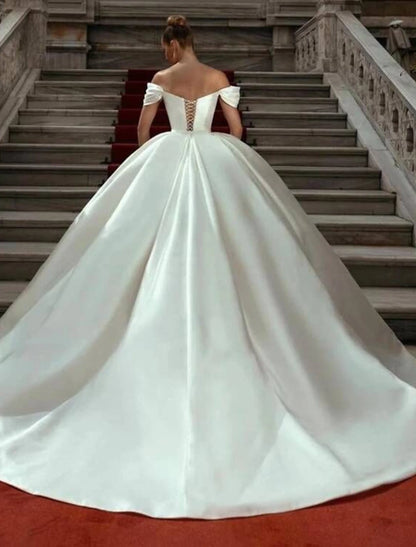 Engagement Formal Wedding Dresses Ball Gown Off Shoulder Cap Sleeve Court Train Satin Bridal Gowns With Ruched