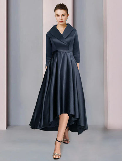 A-Line Mother of the Bride Dress Formal Wedding Guest Elegant High Low Shirt Collar Tea Length Satin 3/4 Length Sleeve with Pleats