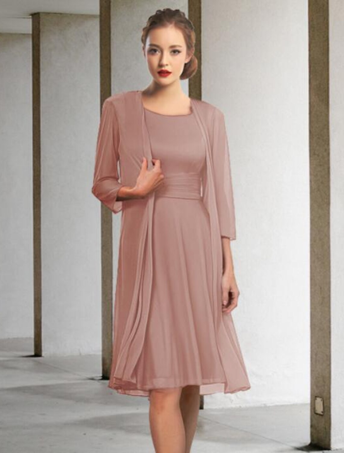 Two Piece A-Line Mother of the Bride Dress Elegant Jewel Neck Knee Len ...