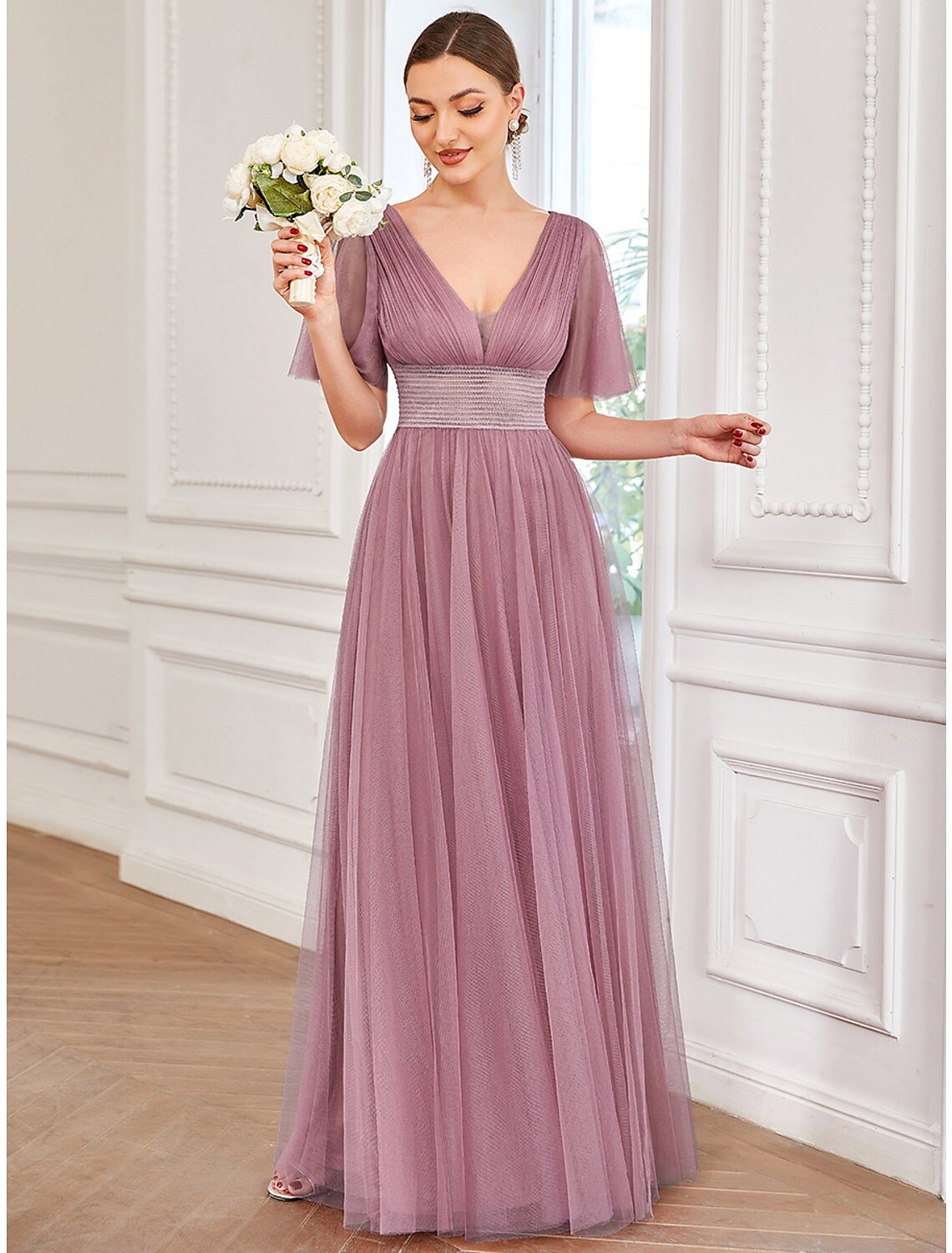 A-Line Bridesmaid Dress V Neck Short Sleeve Plus Size Floor Length Tulle with Ruffles / Draping