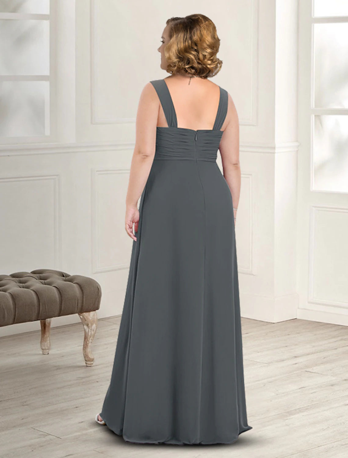 Two Piece A-Line Mother of the Bride Dress Plus Size Elegant Square Neck Floor Length Chiffon Sleeveless Jacket Dresses with Pleats