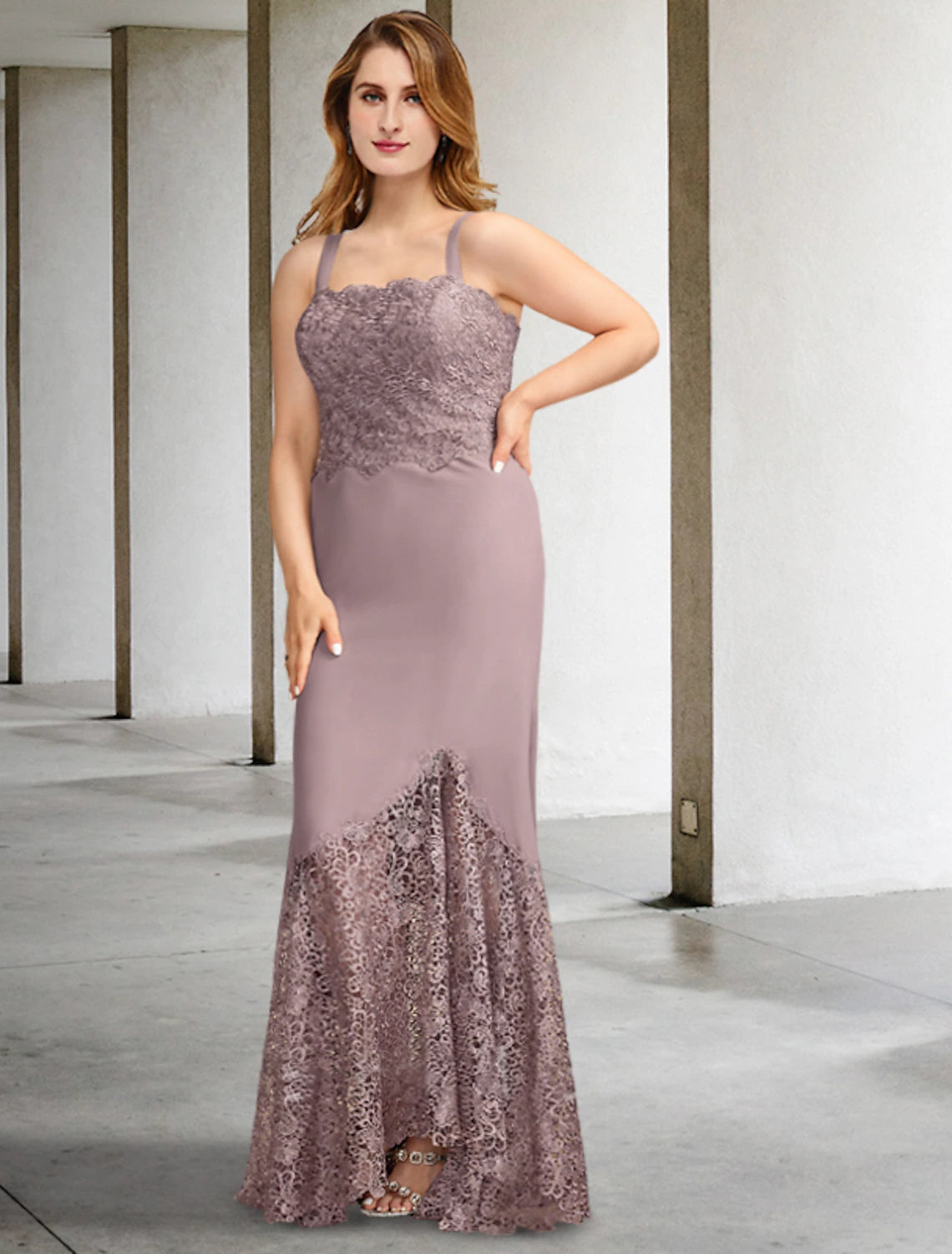 Two Piece A-Line Plus Size Curve Mother of the Bride Dresses Elegant Dress Formal Asymmetrical Sleeveless Square Neck Chiffon with Appliques Splicing