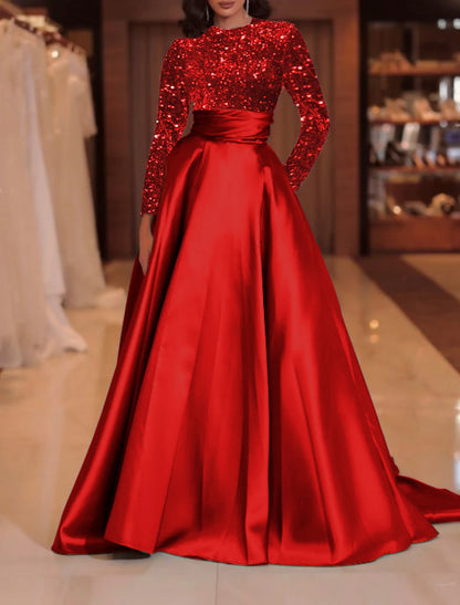 A-Line Evening Gown Sparkle Christmas Red Green Dress Formal Cocktail Party Court Train Long Sleeve High Neck Fall Wedding Guest Satin with Sequin