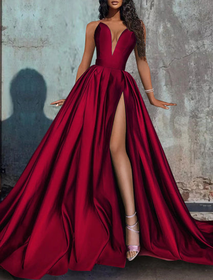 A-Line Evening Gown Red Green Dress Formal Wedding Party Court Train Sleeveless Strapless Satin with Pleats Slit