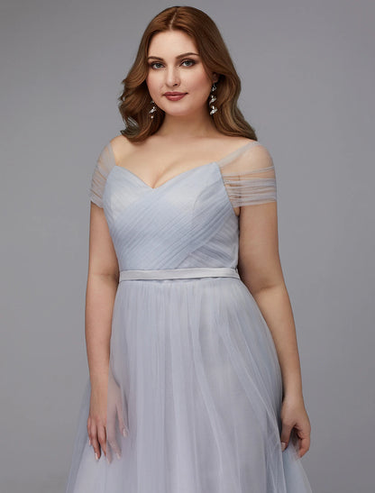 A-Line Elegant Dress Wedding Guest Tea Length Short Sleeve Off Shoulder Tulle with Sash / Ribbon Criss Cross