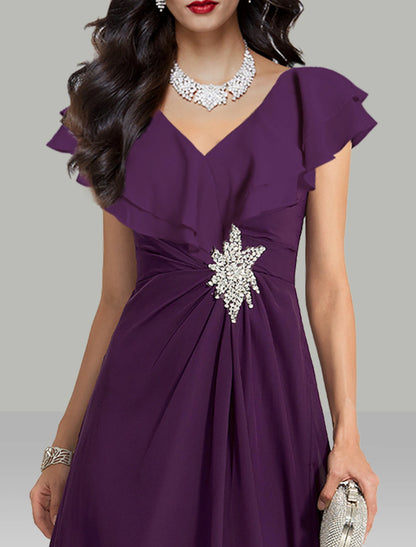 A-Line Wedding Guest Dresses Elegant Dress Cocktail Party Tea Length Short Sleeve V Neck Chiffon with Rhinestone