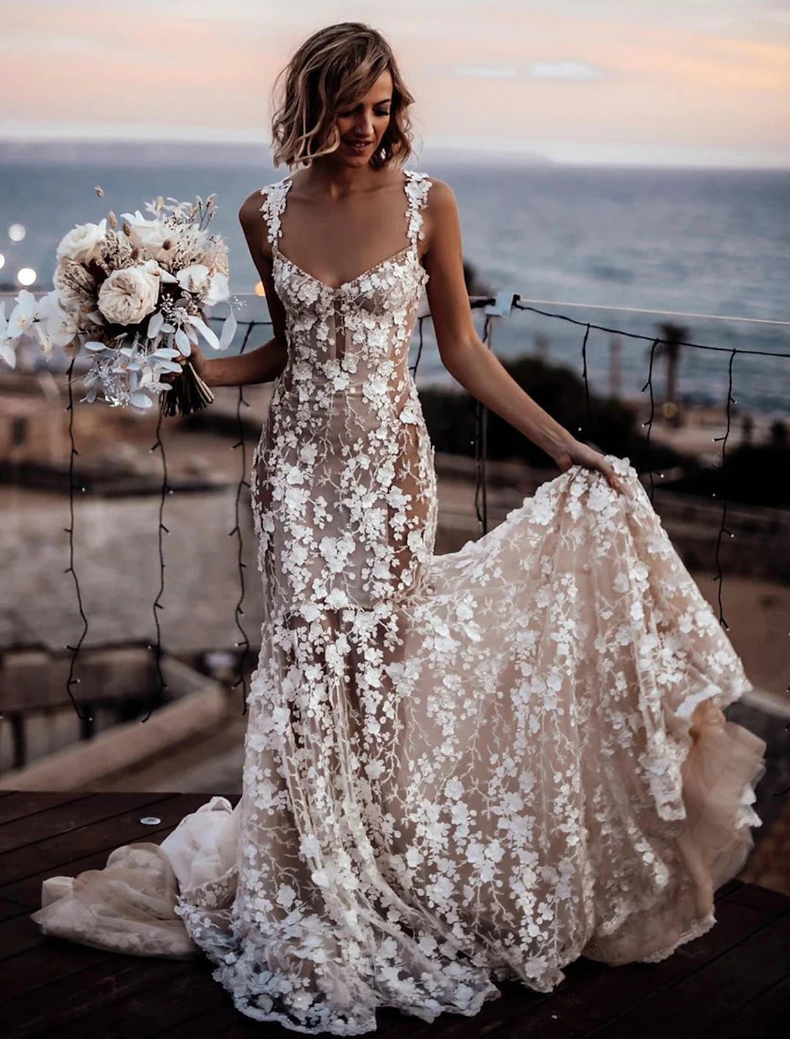 Beach Sexy Boho Wedding Dresses Mermaid / Trumpet Sweetheart Regular Straps Court Train Lace Bridal Gowns With Appliques