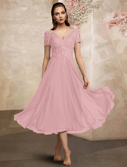 A-Line Mother of the Bride Dress Plus Size Elegant V Neck Tea Length Chiffon Lace Short Sleeve with Pleats Appliques