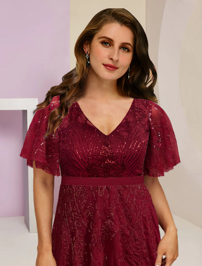 Plus Size Curve Mother of the Bride Dress Wedding Guest Elegant Sparkle & Shine V Neck Floor Length Chiffon Lace Sequined Short Sleeve with Pleats Split Front