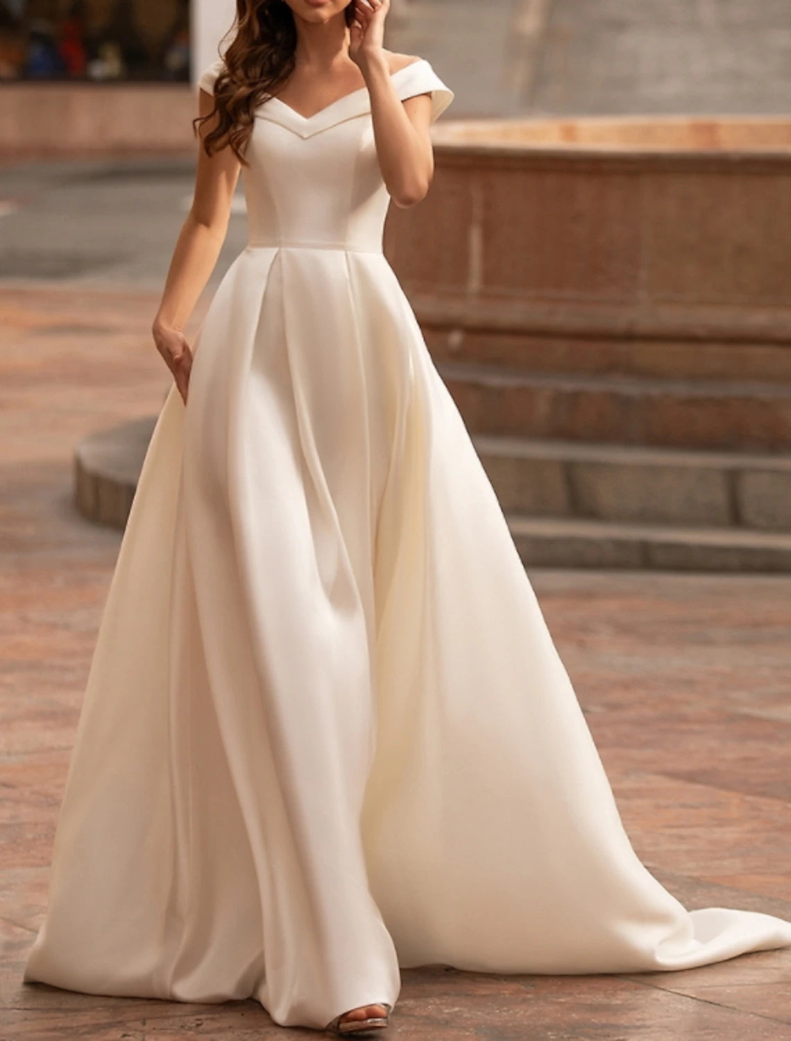 Hall Casual Wedding Dresses A-Line Off Shoulder Cap Sleeve Sweep / Brush Train Satin Bridal Gowns With Pleats