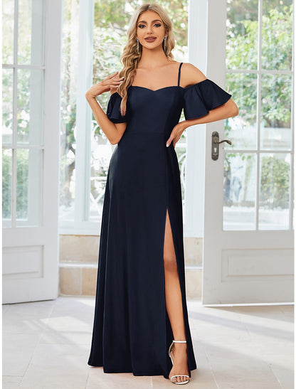 A-Line Wedding Guest Dresses Elegant Dress Formal Floor Length Short Sleeve Off Shoulder Stretch Fabric with Slit