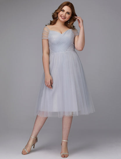 A-Line Elegant Dress Wedding Guest Tea Length Short Sleeve Off Shoulder Tulle with Sash / Ribbon