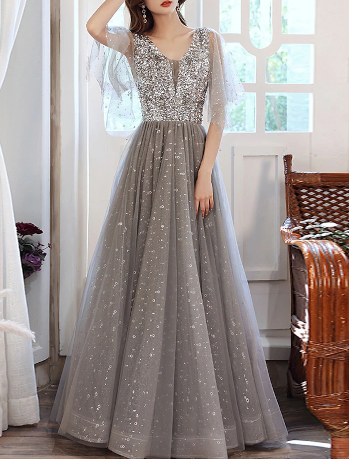 A-Line Evening Gown Elegant Dress Wedding Guest Formal Evening Floor Length Half Sleeve V Neck Tulle with Sequin Splicing