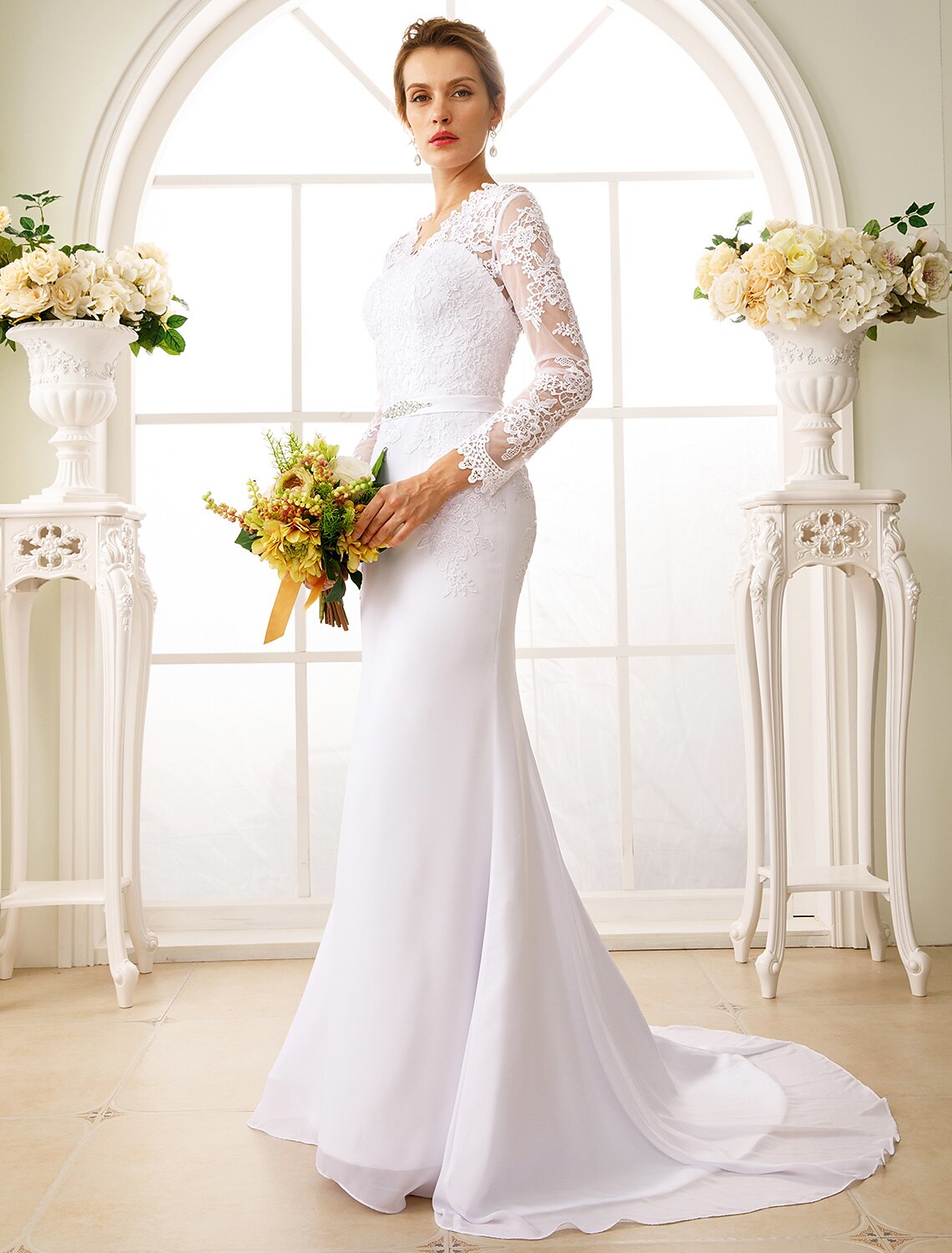 Engagement Open Back Fall Formal Wedding Dresses Mermaid / Trumpet Illusion Neck Long Sleeve Court Train Chiffon Bridal Gowns With Sash / Ribbon Appliques