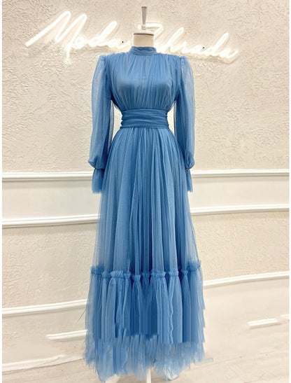 A-Line Prom Dresses Elegant Dress Formal Ankle Length Long Sleeve High Neck Tulle with Pleats Ruched