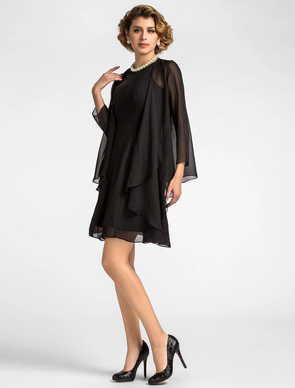 A-Line Mother of the Bride Dress Wrap Included Jewel Neck Knee Length Chiffon 3/4 Length Sleeve with Draping