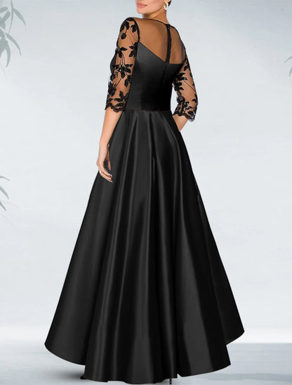 Sheath / Column Cocktail Black Dress Plus Size Luxurious Dress Formal Wedding Guest Asymmetrical 3/4 Length Sleeve Off Shoulder Pocket Satin with Beading Appliques