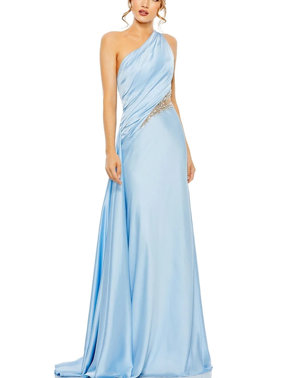 A-Line Evening Gown Elegant Dress Formal Floor Length Sleeveless One Shoulder Satin with Glitter Ruched Sequin