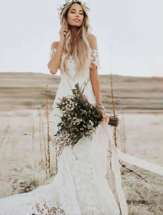 Beach Boho Wedding Dresses Mermaid / Trumpet Off Shoulder Cap Sleeve Chapel Train Lace Bridal Gowns With Appliques