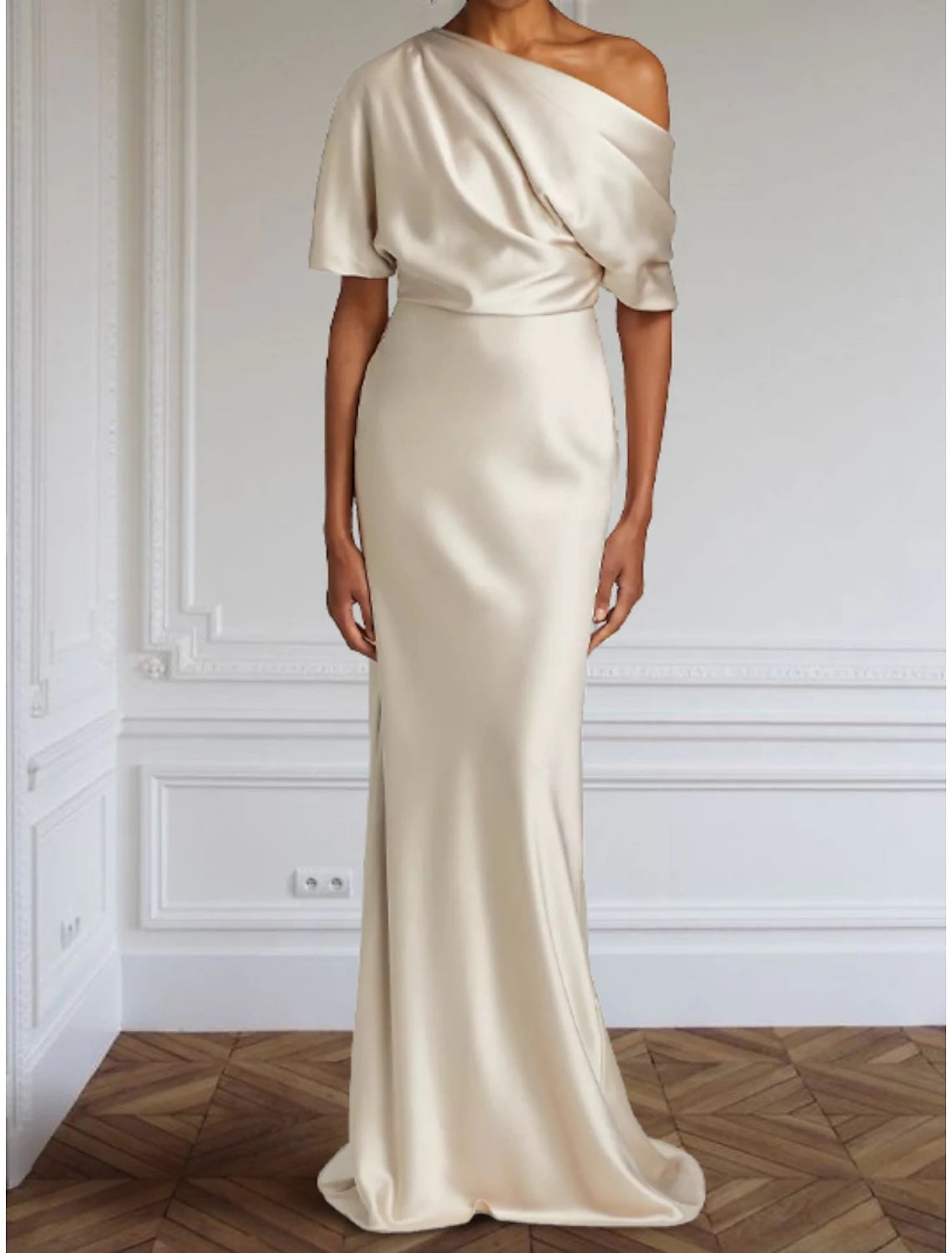 Sheath / Column Formal Evening Gown Elegant Dress Formal Floor Length Half Sleeve Off Shoulder Satin with Pleats Ruched