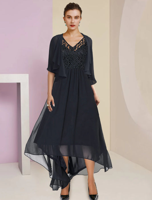 Two Piece A-Line Mother of the Bride Dress Formal Wedding Guest Elegant High Low V Neck Asymmetrical Tea Length Chiffon Lace Sleeveless Wrap Included with Pleats Appliques