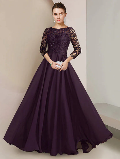 A-Line Mother of the Bride Dress Formal Elegant Scoop Neck Floor Length Chiffon Lace 3/4 Length Sleeve with Pleats Appliques