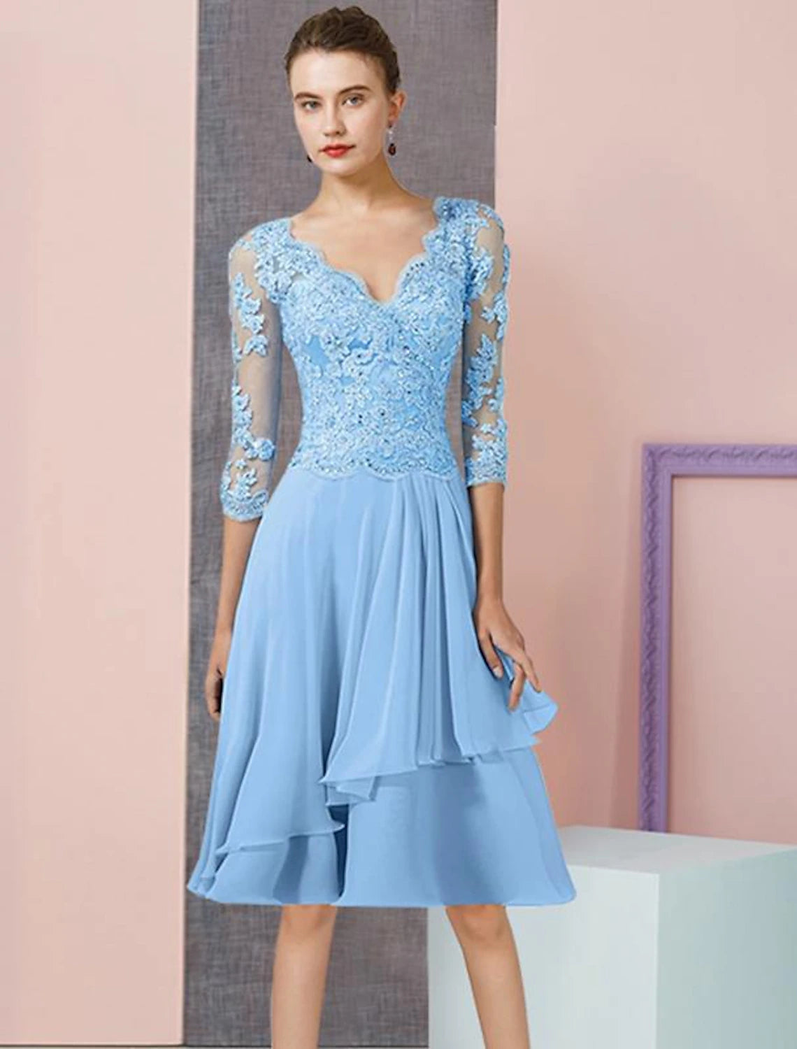 Two Piece A-Line Mother of the Bride Dress Formal Wedding Guest Elegant V Neck Knee Length Chiffon Lace 3/4 Length Sleeve Wrap Included with Beading Sequin Appliques