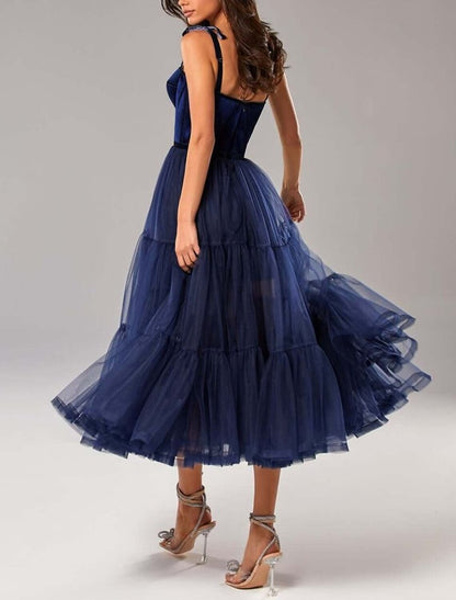 A-Line Prom Dresses Elegant Dress Wedding Guest Tea Length Sleeveless Strapless Tulle with Pleats Pure Color