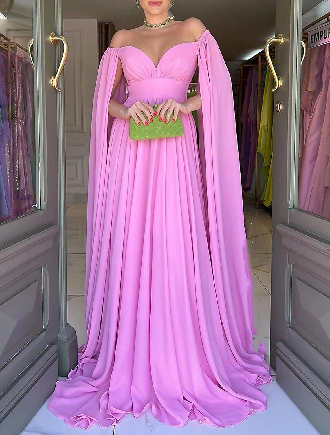 A-Line Evening Gown Elegant Dress Formal Sweep / Brush Train Sleeveless Off Shoulder Capes Chiffon with Pleats