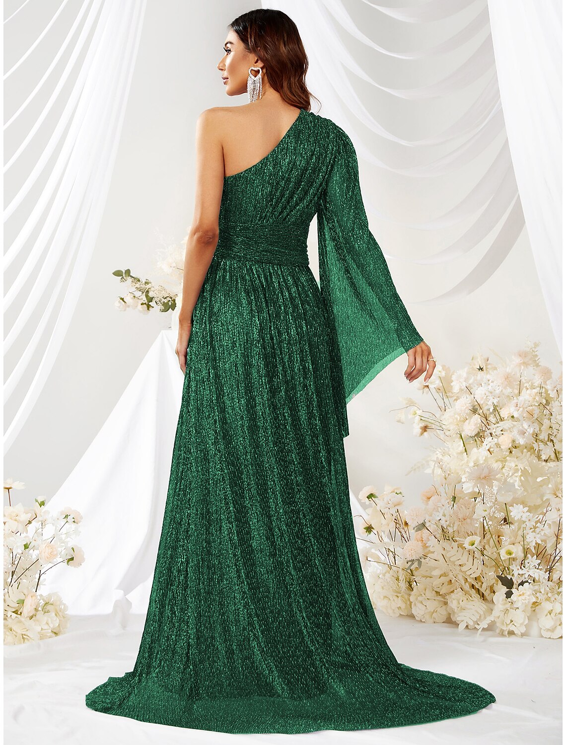 A-Line Wedding Guest Dresses Sparkle Christmas Green Dress Formal Evening Party Sweep / Brush Train Long Sleeve One Shoulder Polyester with Glitter