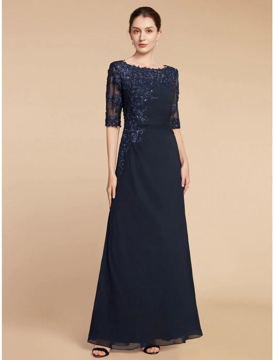 Sheath / Column Mother of the Bride Dress Wedding Guest Elegant Scoop Neck Ankle Length Chiffon Lace Half Sleeve with Sequin Ruching Solid Color