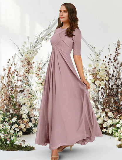 A-Line Evening Gown Elegant Dress Wedding Guest Floor Length Half Sleeve Jewel Neck Chiffon with Pleats Ruched