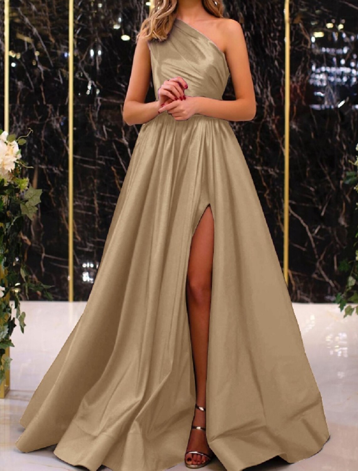 A-Line Evening Gown Elegant Dress Wedding Guest Engagement Floor Length Sleeveless One Shoulder Satin with Pleats Slit