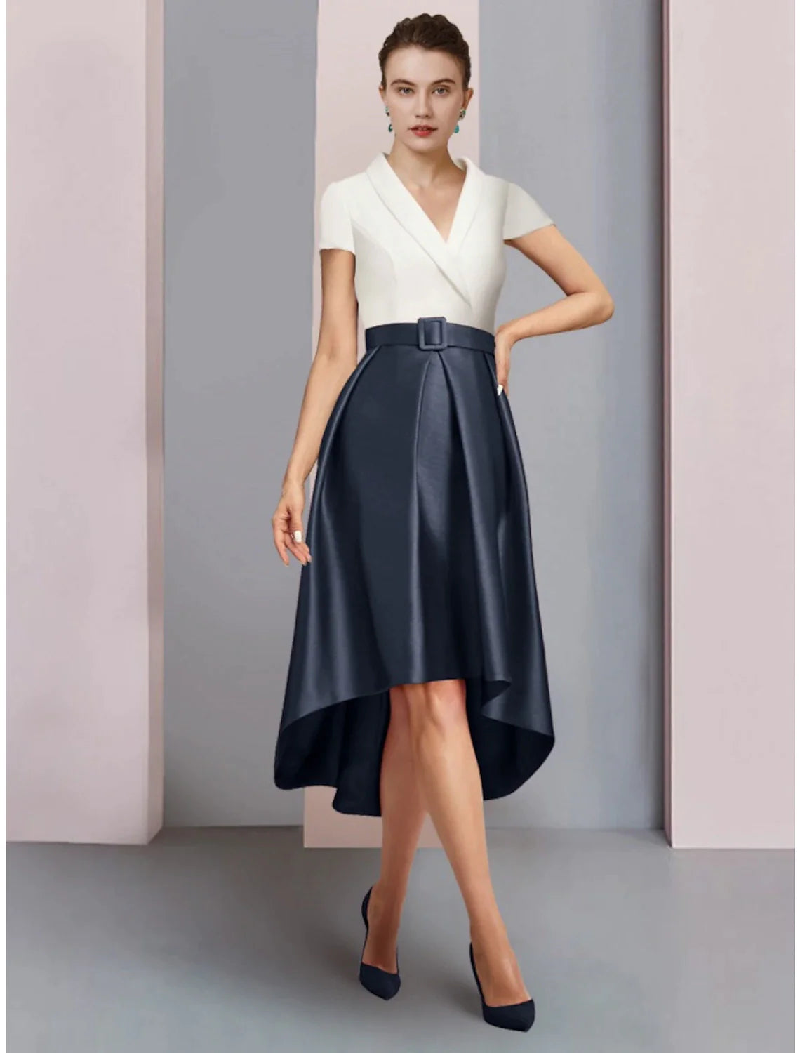 A-Line Mother of the Bride Dress Wedding Guest Elegant Petite V Neck Asymmetrical Satin Short Sleeve with Ruching