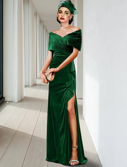 Sheath / Column Evening Gown Elegant Dress Wedding Guest Cocktail Party Floor Length Sleeveless V Neck Velvet with Pleats Ruffles