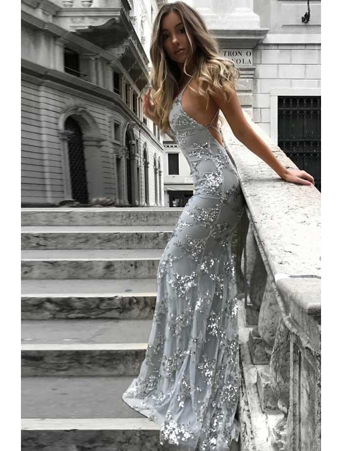 Mermaid / Trumpet Prom Dresses Sparkle & Shine Dress Formal Sweep / Brush Train Sleeveless V Neck Lace with Sequin