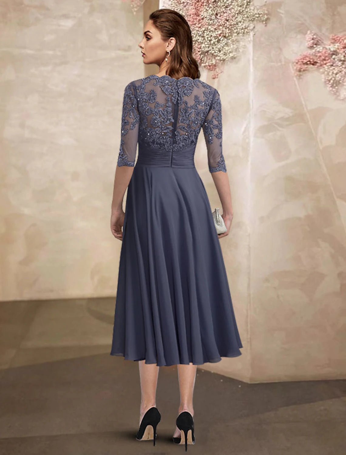 A-Line Mother of the Bride Dress Plus Size Elegant Jewel Neck Tea Length Chiffon Lace Half Sleeve with Ruched Beading Appliques