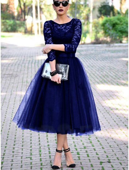 A-Line Cocktail Black Dress Plus Size Vintage Dress Halloween Ankle Length 3/4 Length Sleeve Jewel Neck Fall Wedding Guest Tulle with Pleats Lace Inser