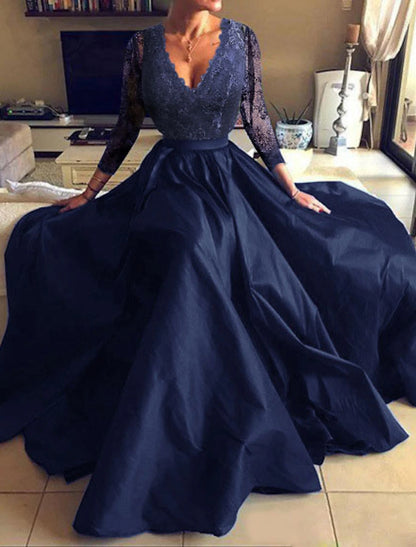 A-Line Evening Gown Elegant Dress Party Wear Formal Evening Floor Length Long Sleeve V Neck Tulle with Pleats Appliques