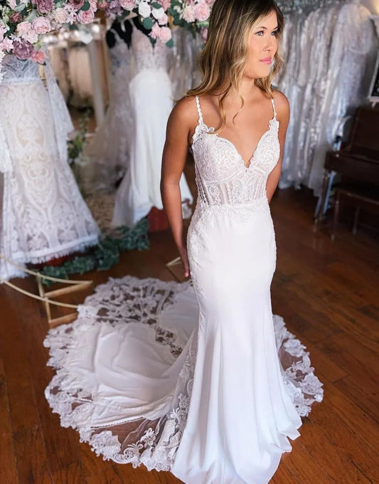 Mermaid Appliques Spaghetti Straps Stretch Satin Wedding Dress