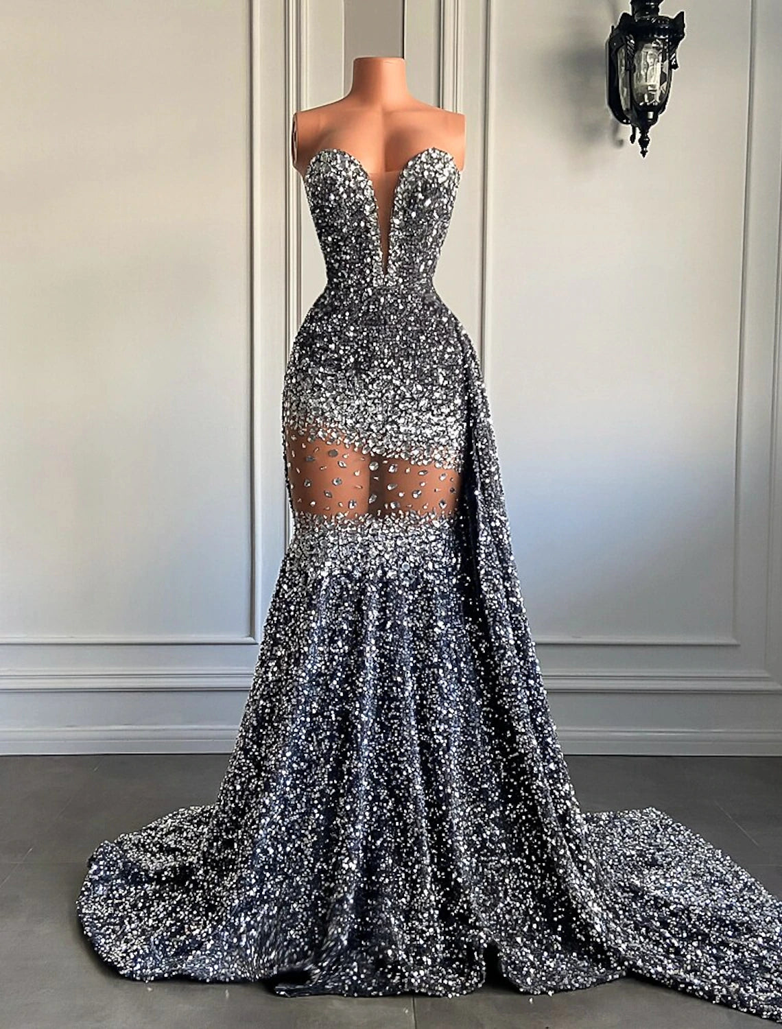 Mermaid / Trumpet Evening Gown Sparkle & Shine Dress Formal Court Train Sleeveless Strapless African American Sequined with Beading Sequin