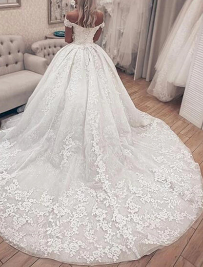 Engagement Formal Wedding Dresses Ball Gown Off Shoulder Cap Sleeve Chapel Train Lace Bridal Gowns With Appliques Summer Fall Wedding Party