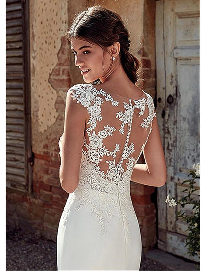 Beach Open Back Wedding Dresses Mermaid / Trumpet Illusion Neck Cap Sleeve Court Train Chiffon Outdoor Bridal Gowns With Appliques Summer Fall Wedding Party