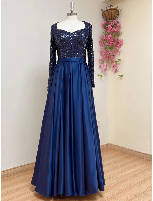 A-Line Evening Gown Elegant Dress Formal Fall Sweep / Brush Train Long Sleeve Square Neck Satin with Glitter Pleats