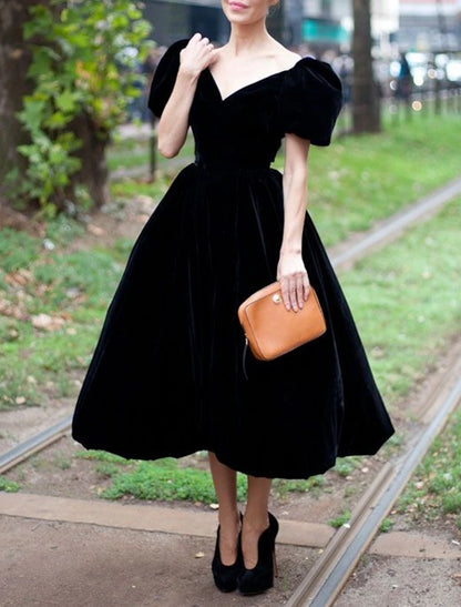 A-Line Cocktail Dresses Elegant Dress Formal Halloween Tea Length Short Sleeve V Neck Fall Wedding Guest Velvet with Ruffles