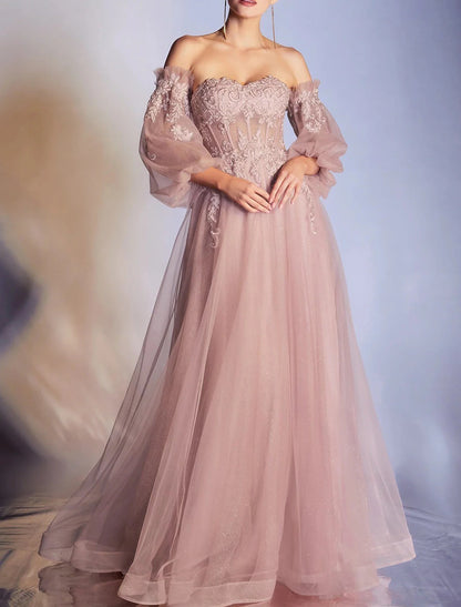 A-Line Prom Dresses Elegant Dress Formal Prom Floor Length 3/4 Length Sleeve Off Shoulder Lace Backless with Appliques